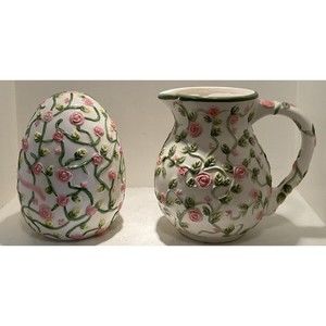 Baum Bros Style-Eyes 8” Vase And Egg Ceramic Green Pink Yellow Flowers **Read**